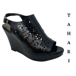 Tahari Wedge Sandal Shoe Women’s Size 6.5M Jasmine Black Cut Out Leather